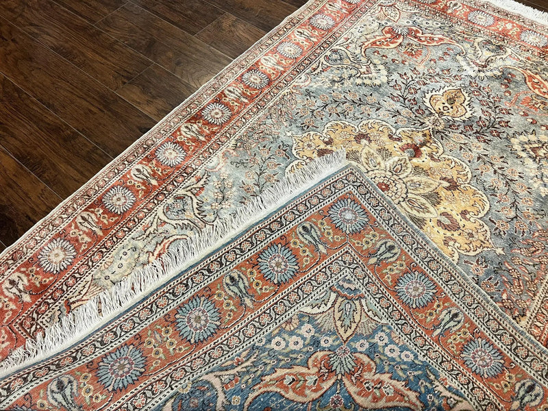 Silk Turkish Rug 5x7, Light Blue Silk Carpet, Floral Medallion, Turkish Kayseri Rug, Vintage Handmade Oriental Rug by Jewel Rugs