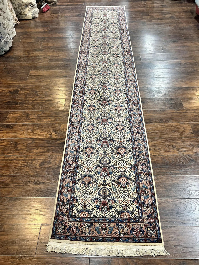 Sino Persian Runner Rug 2.8 x 14, Hand Knotted Vintage Oriental Hallway Rug, 14ft Runner, Cream, Floral, Wool by Jewel Rugs