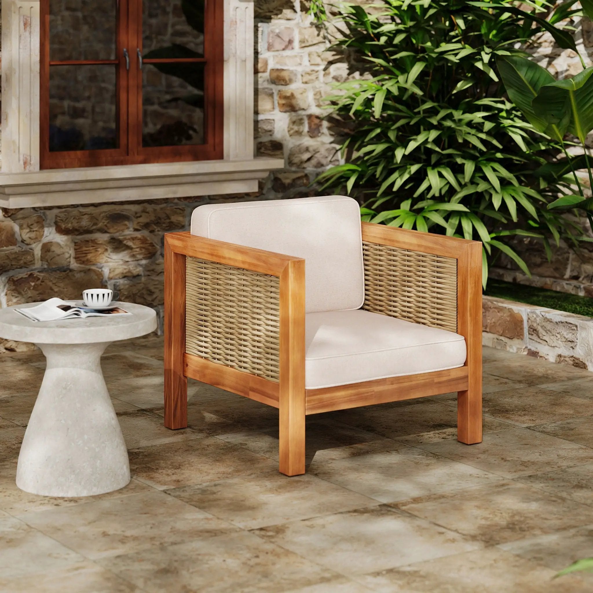 Outdoor Club Chair With Rope Arm And Cushions - Beige / Teak by HouseOfZazla