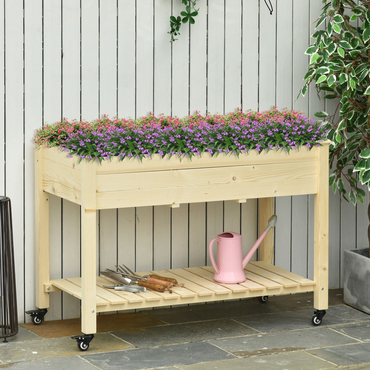 Raised Wooden Planter Box with Lockable Wheels - Natural, photo 7 of 10
