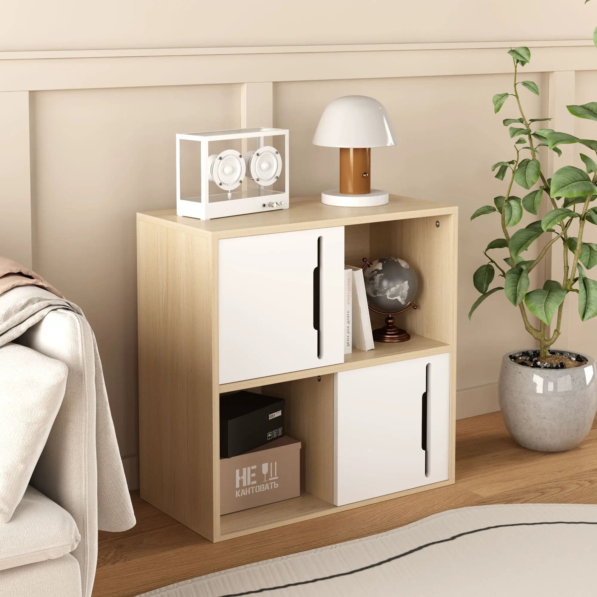 Storage Cabinet With Sliding Doors, 2 Tier Open And Closed Shelves Organizer - Natural / White by HouseOfZazla