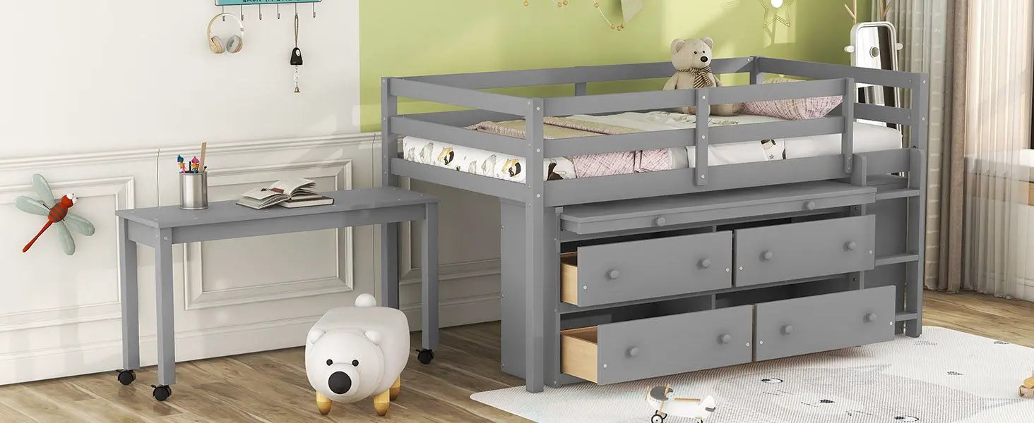 Loft Bed With Retractable Writing Desk And 4 Drawers, With Lateral Portable Desk And Shelves by HouseOfZazla