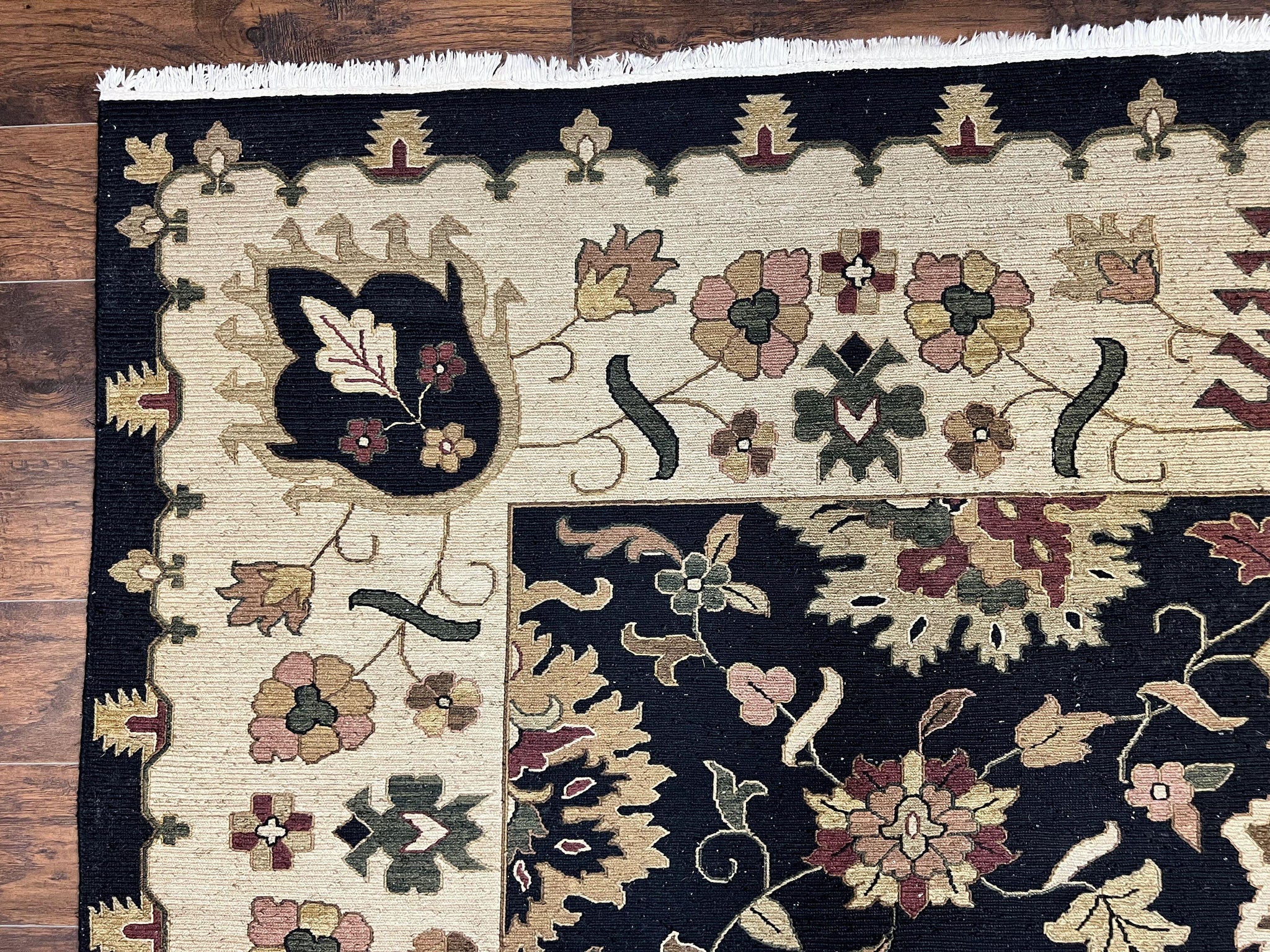 Indo Persian Rug 10x14, Wool Handmade Room Sized Floral Oriental Carpet, Indian Mahal Flatweave Rug, Black Beige by Jewel Rugs
