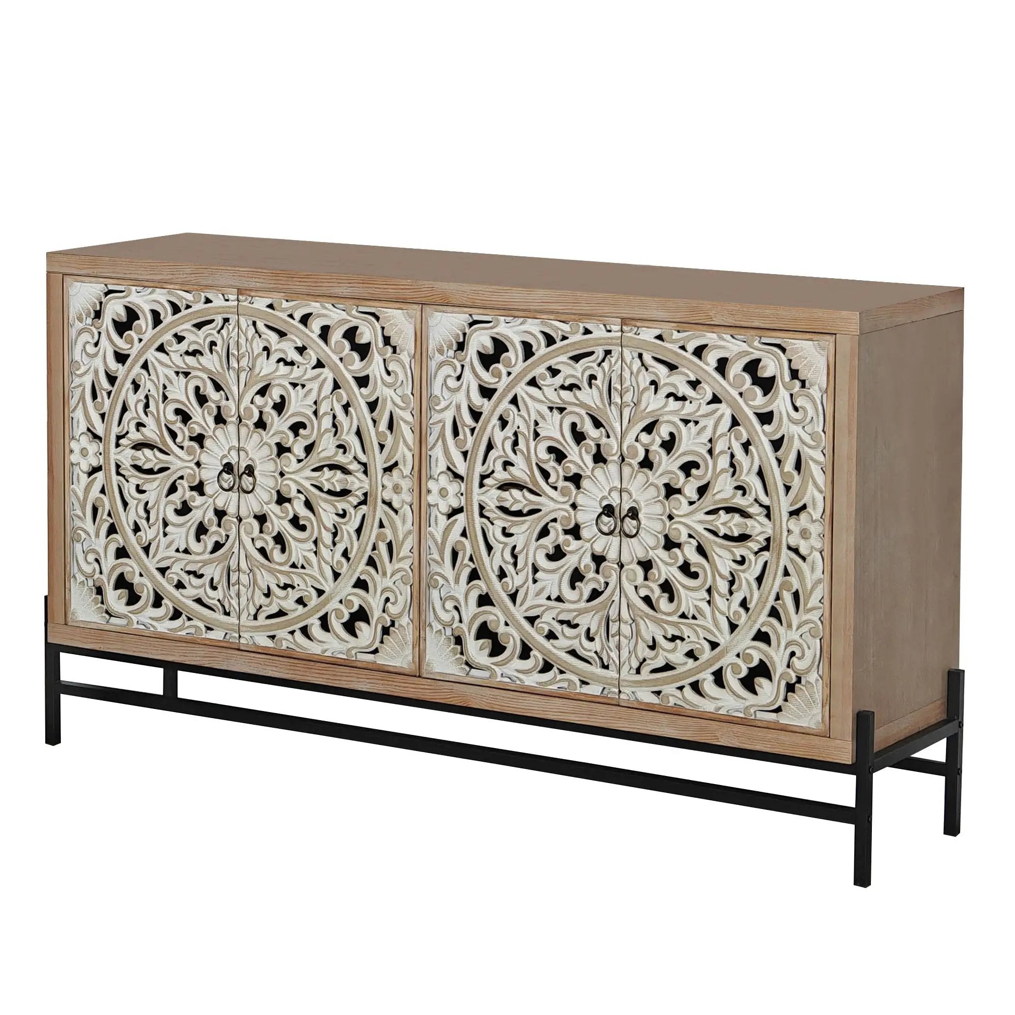 4 Door Wood Cabinet, Vintage Carved Wood with Metal Base by HouseOfZazla
