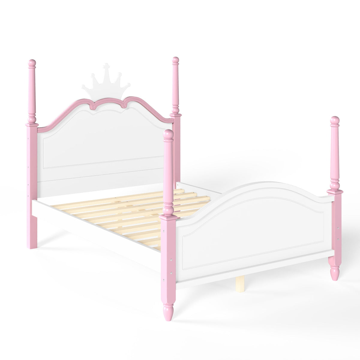 Full Size Crown Shaped Platform Bed, Four Poster Stylish Wooden Bed Frame, Elegant Curved Headboard Bed Frame For Bedroom,White&Pink, photo 10 of 10