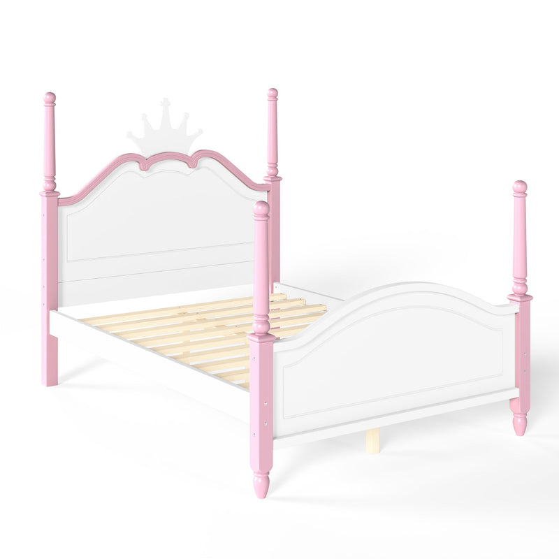 Full Size Crown Shaped Platform Bed, Four Poster Stylish Wooden Bed Frame, Elegant Curved Headboard Bed Frame For Bedroom,White&Pink, photo 10 of 10