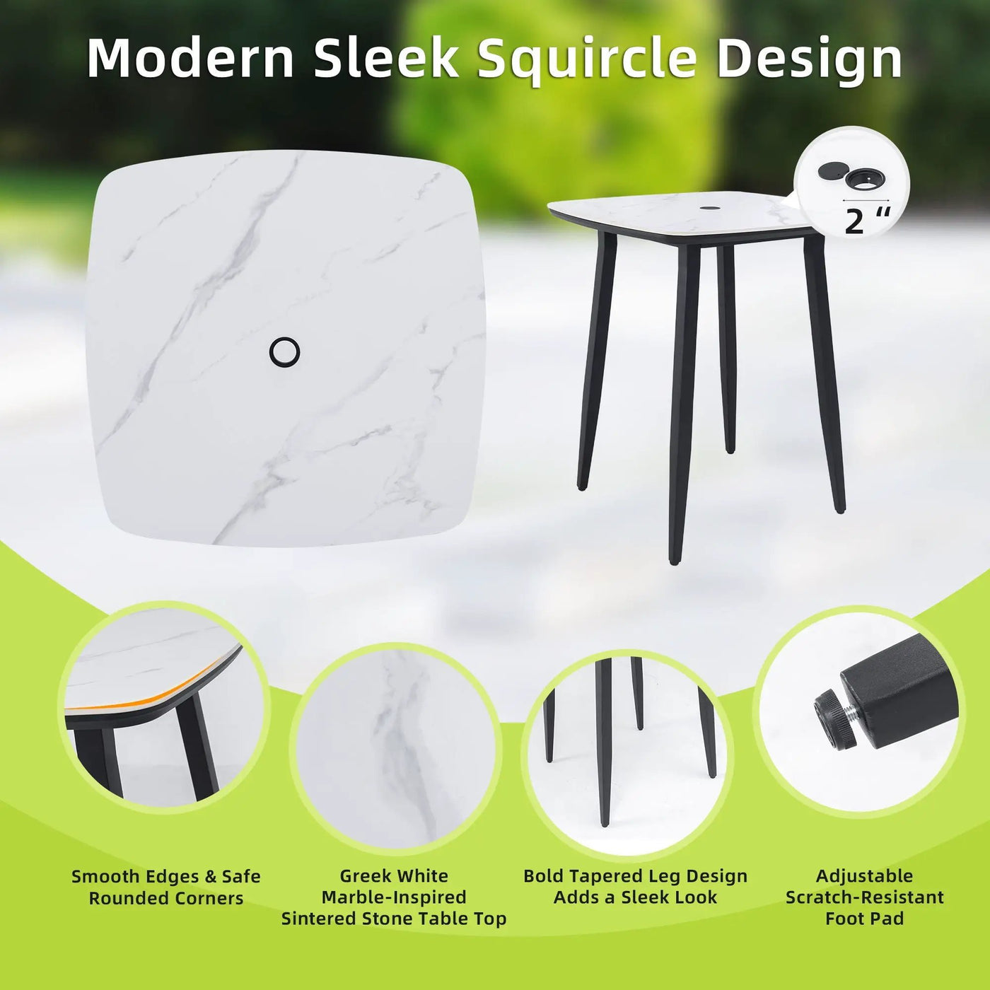 Modern Outdoor Patio Bar Set, Rounded Square Table & Bar Chairs, Non Rust Frame, Tapered Legs, Sunbrella Cushion by HouseOfZazla