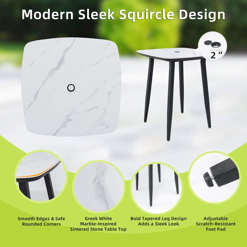 Modern Outdoor Patio Bar Set, Rounded Square Table & Bar Chairs, Non Rust Frame, Tapered Legs, Sunbrella Cushion by HouseOfZazla