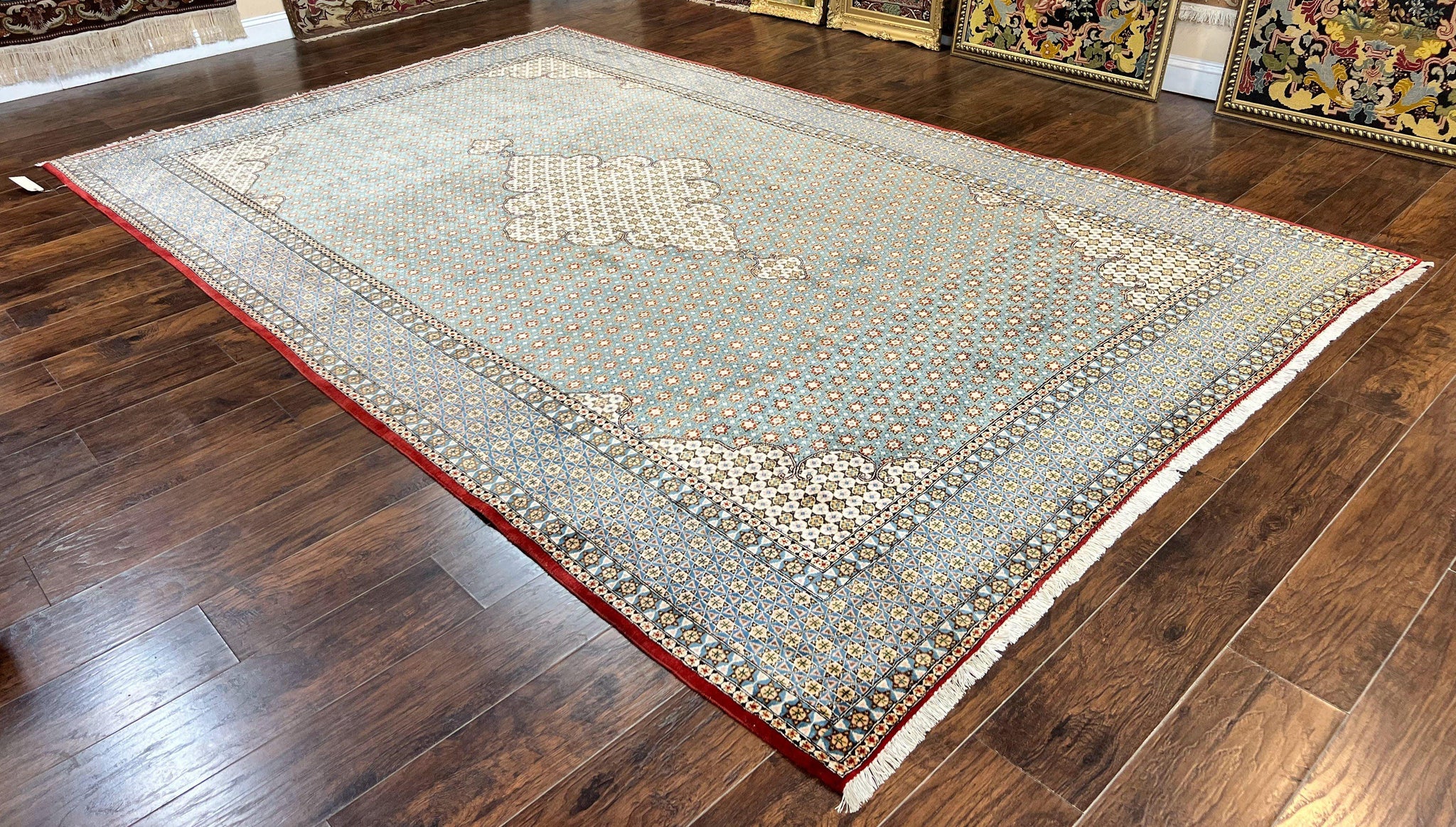 Rare Persian Rug 8x12, Qum Rug, Repeated Star Motifs, Blue and Ivory, Fine 300 KPSI, Hand Knotted Handmade Vintage Wool Rug by Jewel Rugs