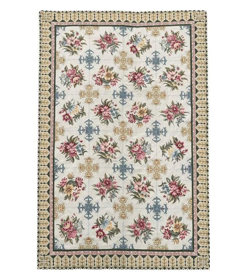 Hand-Knotted Needlepoint Carpet 6x9, Ivory/Cream Background, Colorful Flowers, Yellow Border, Aubusson Rug 6 x 9, New, Handmade by Jewel Rugs