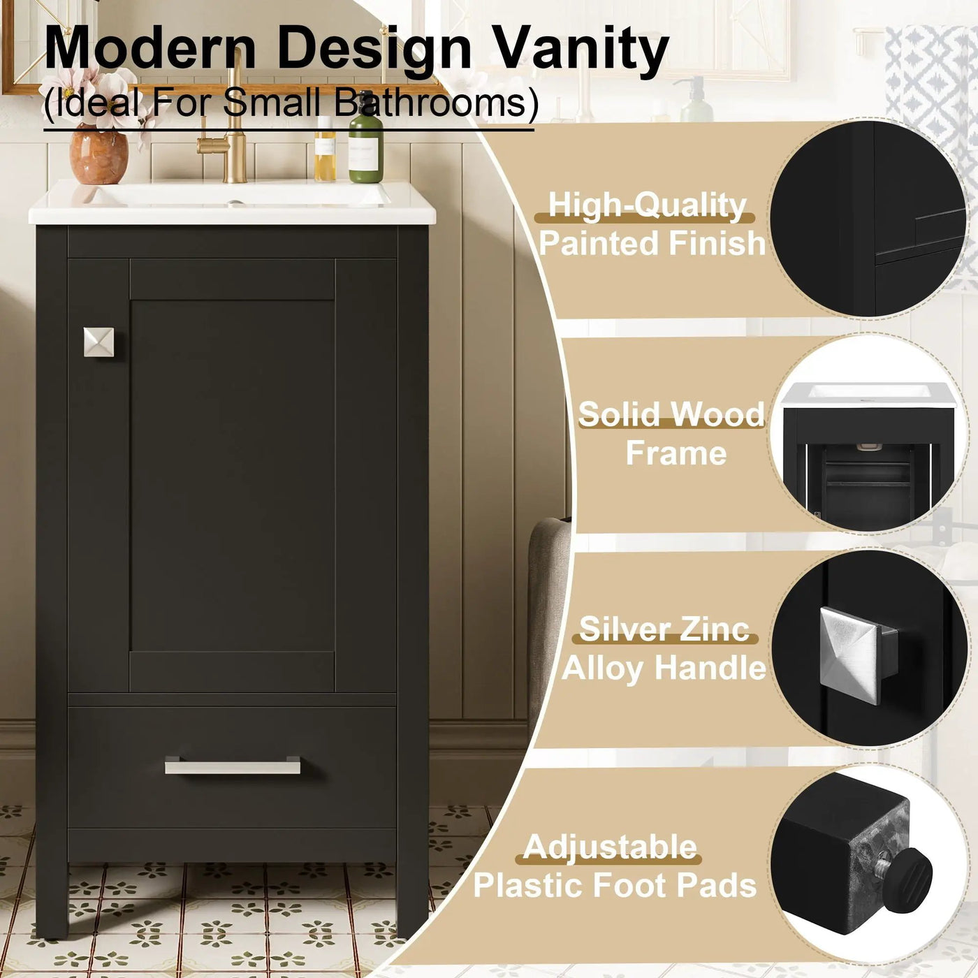 Bathroom Vanity With Ceramic Sink, Soft Close Drawers, Door Organizer, Divider Drawer, Adjustable Foot Pads by Unique Piece Furniture