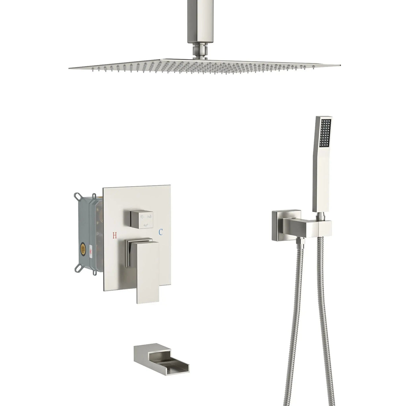 Modern Shower System With Waterfall Tub Spout, 12" Ceiling Mount Square Shower by HouseOfZazla