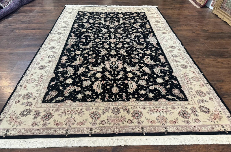 Sino Persian Rug 6x9, Black and Ivory, Wool and Silk Highlights, Handmade by Jewel Rugs