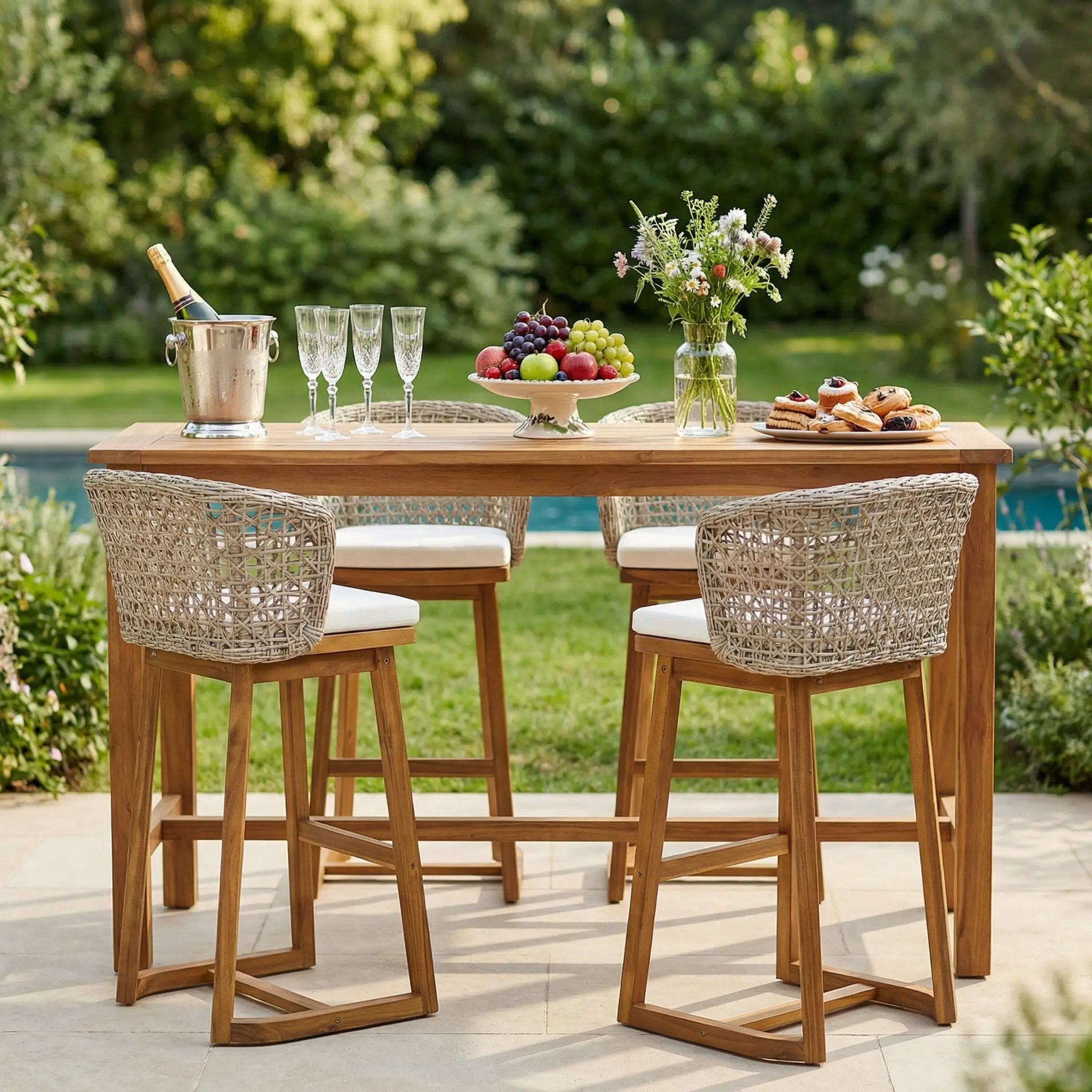 Outdoor Acacia Wood Bar Stools with Cushions (Set of 4) by HouseOfZazla