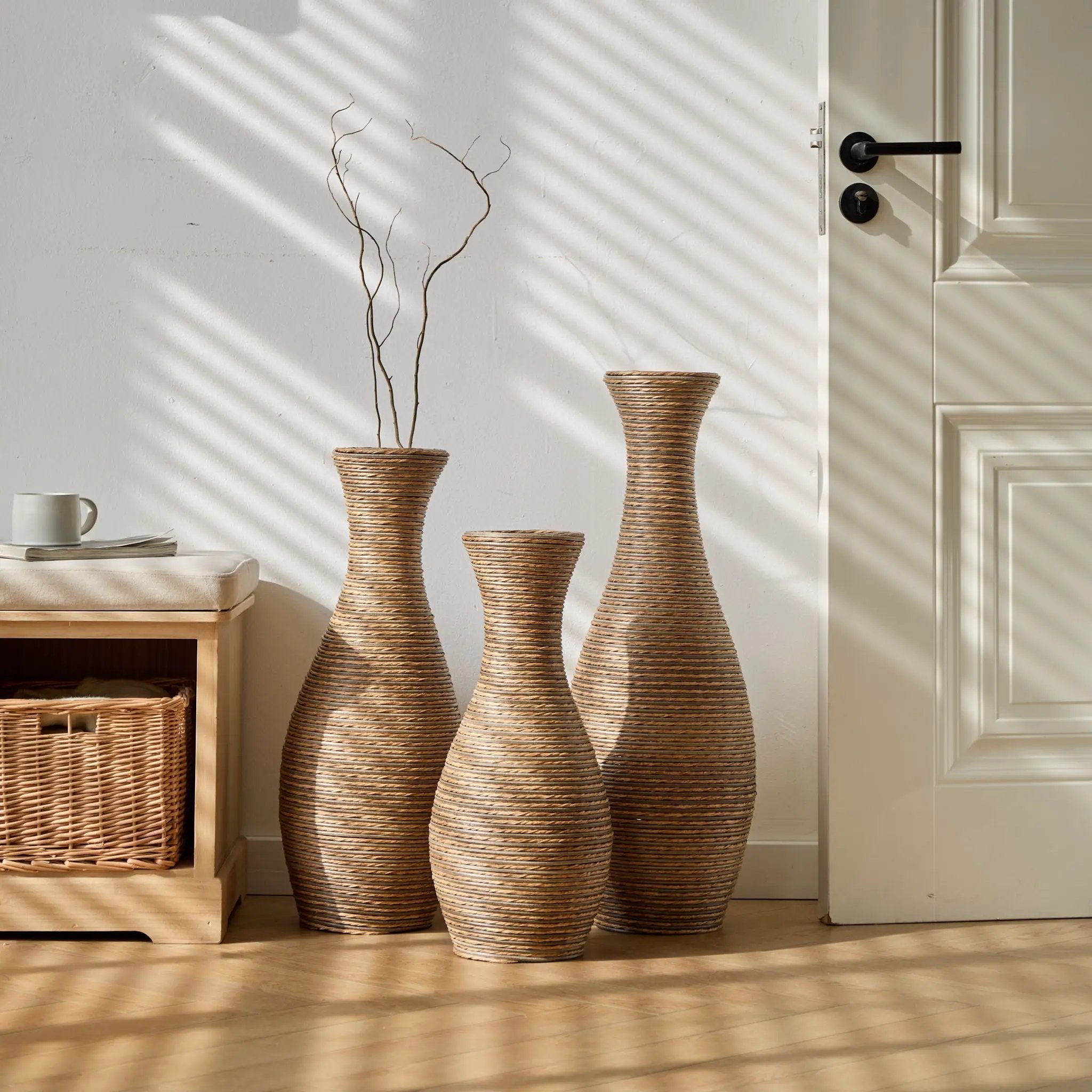 3 Piece Artificial Rattan Floor Vase Set Decorative Accent For Living Room, Hallway & Entryway, Ideal For Dried Or Silk Flower Arrangements - Beige by Unique Piece Furniture