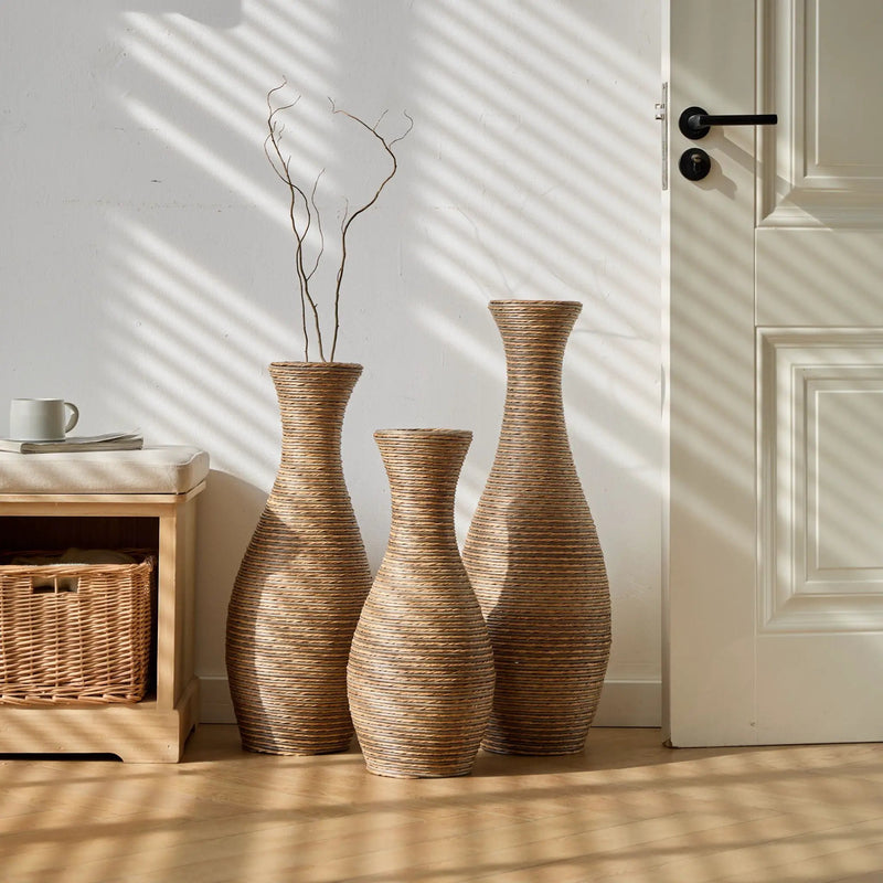 3 Piece Artificial Rattan Floor Vase Set Decorative Accent For Living Room, Hallway & Entryway, Ideal For Dried Or Silk Flower Arrangements - Beige by Unique Piece Furniture