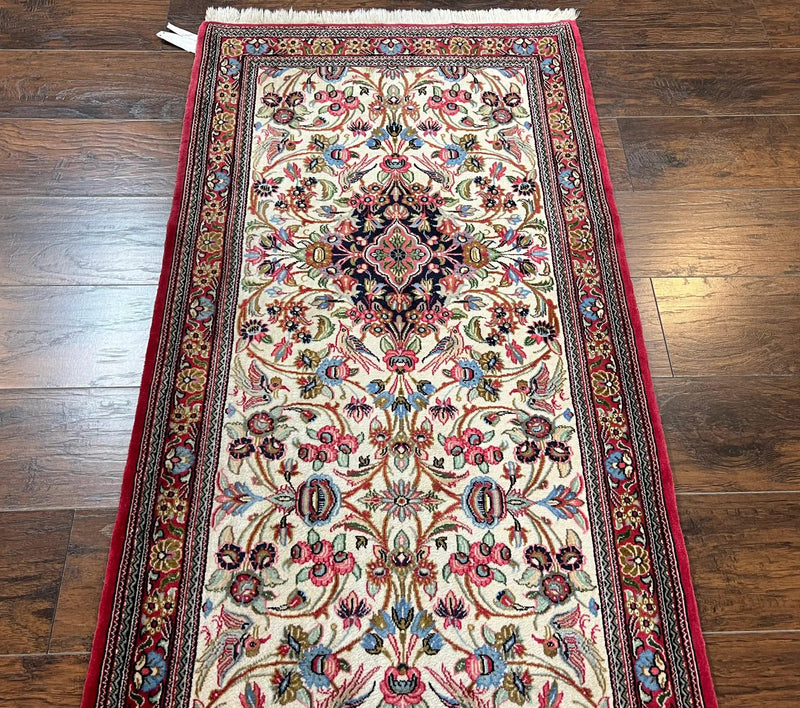 Wonderful Persian Qum Runner Rug 2.8 x 10 ft, Floral Medallions with Bird Motifs, Hand Knotted Wool Fine Oriental 10ft Hallway Runner, Cream Red by Jewel Rugs