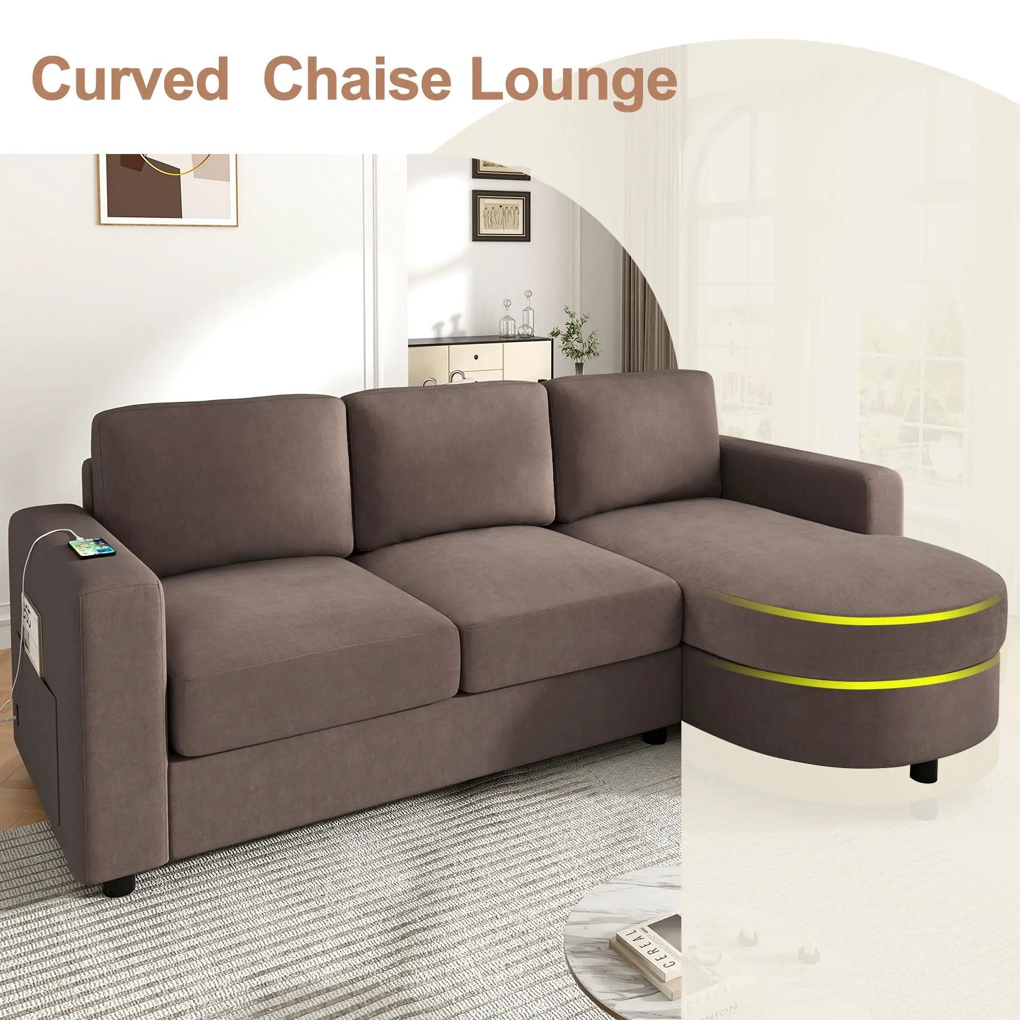 Modern L-Shaped Sectional Sofa With Curved Chaise, USB Ports, And Side Storage Pockets by Unique Piece Furniture