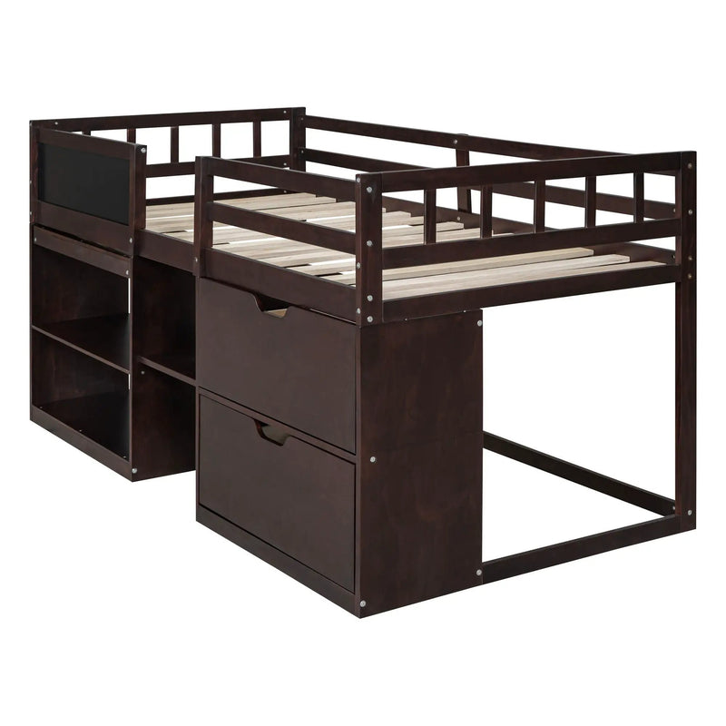 Low Loft Bed With Rolling Desk, Shelf And Drawers by HouseOfZazla