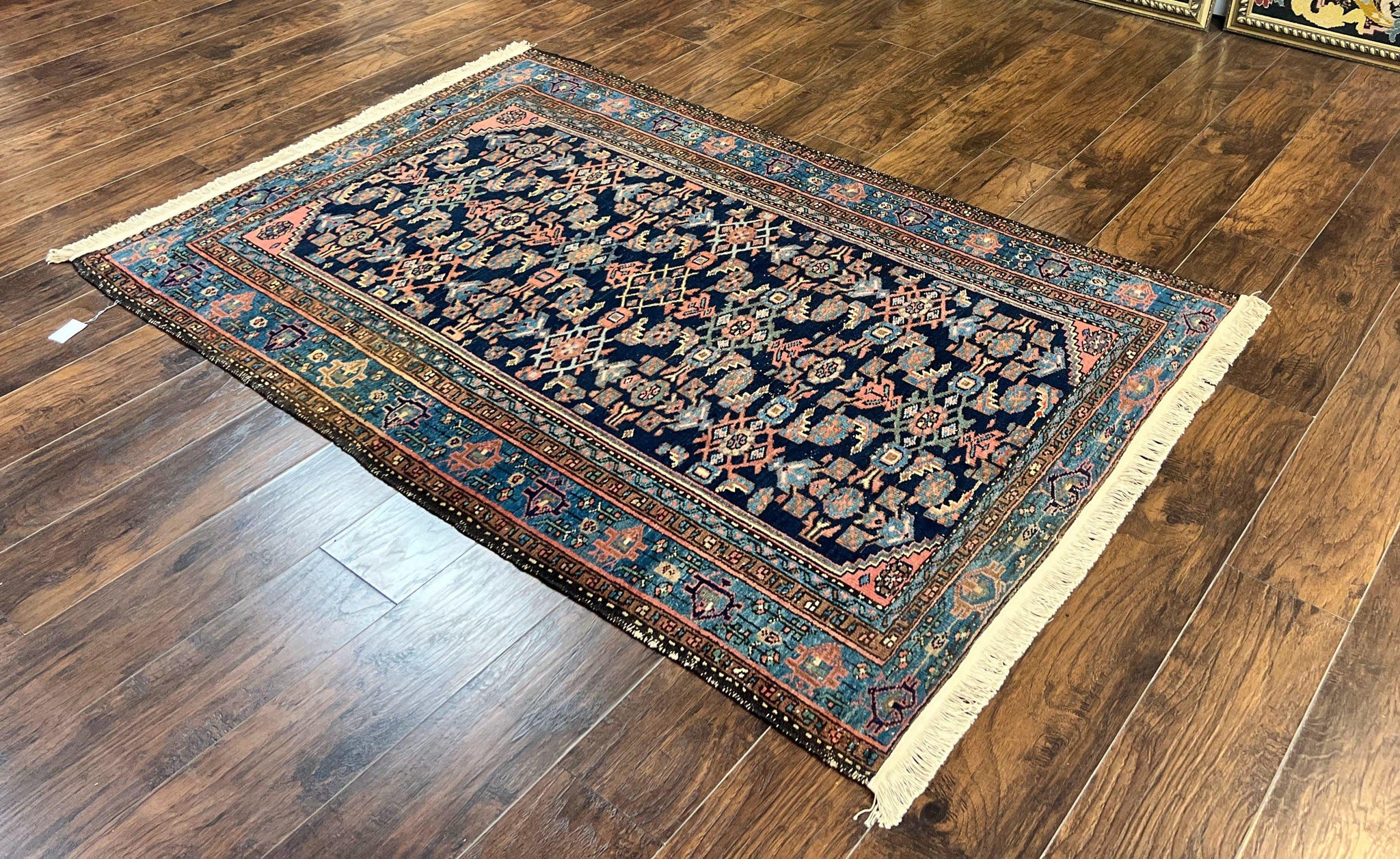 Antique Persian Tribal Rug 5x7, Navy Blue & Pink, Hand Knotted Handmade 1920s Wool Rug, Allover Pattern, Persian Hamadan Rug by Jewel Rugs