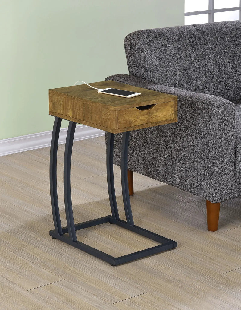 Troy 1-drawer C-Shaped Side Table Power Outlet Rustic Nutmeg by Unique Piece Furniture