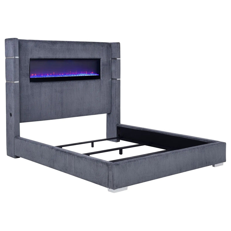 Tisdall Upholstered Cal King Flame Visualizer Bed Grey by Unique Piece Furniture