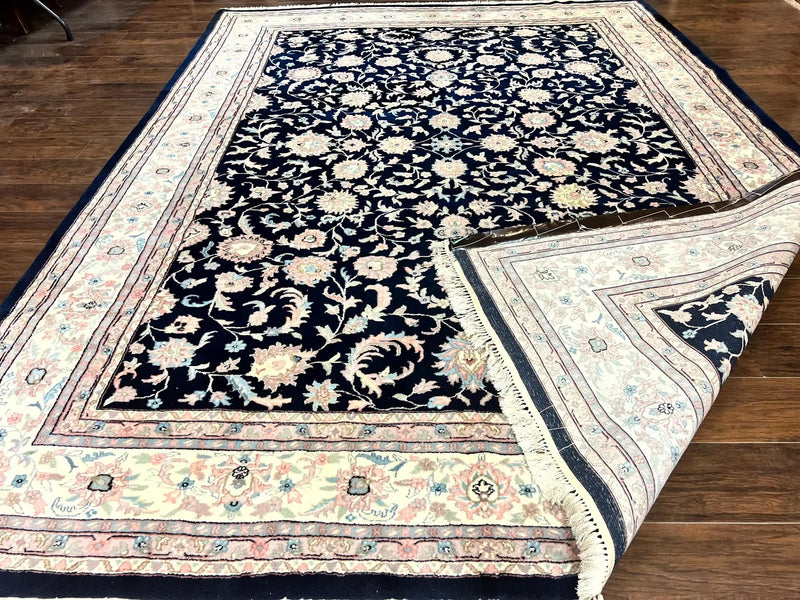 Indo Persian Rug 9x12, Navy Blue and Ivory/Cream, Floral Allover, Wool Vintage Handmade Carpet by Jewel Rugs