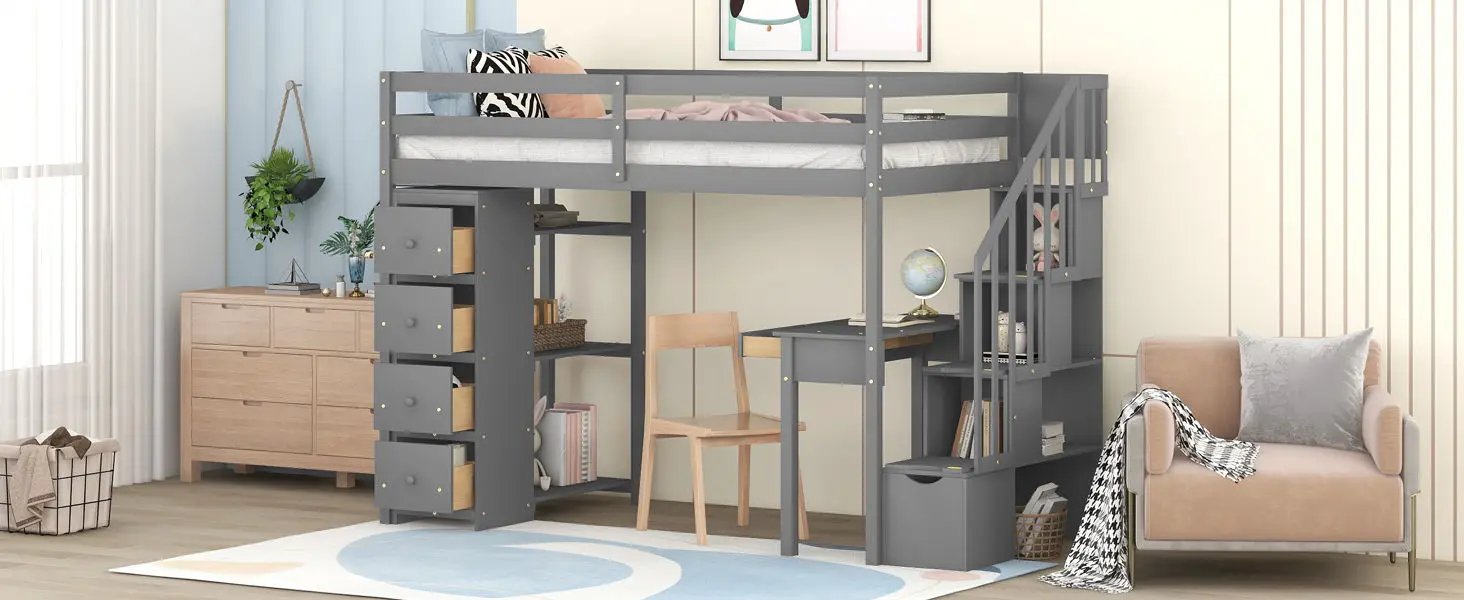 Loft Bed With Storage Drawers, Desk And Stairs With Shelves by HouseOfZazla