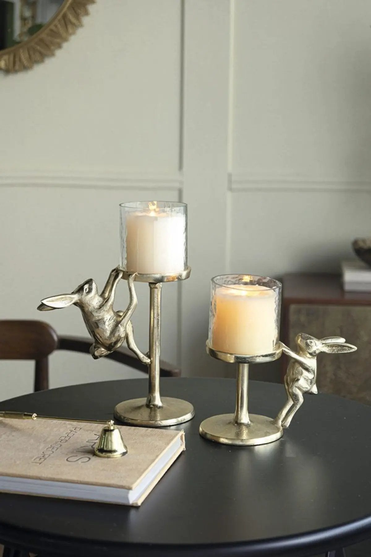 7x4x7.5' Gold Rabbit Pillar Candle Holder with Clear Glass Hurricane Shade by HouseOfZazla