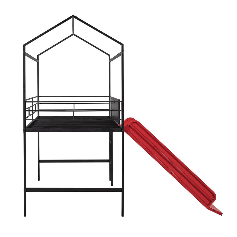 Twin Metal Loft Bed With Slide And 2 Sided Writable Wooden Board - Black by HouseOfZazla