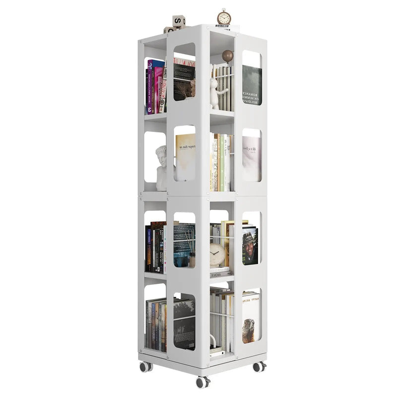 4 Tier All Steel Rotating Bookshelf With 360° Wheels, Large Size Sturdy & Spacious Book Rack, New Style Bookshelf - White by HouseOfZazla