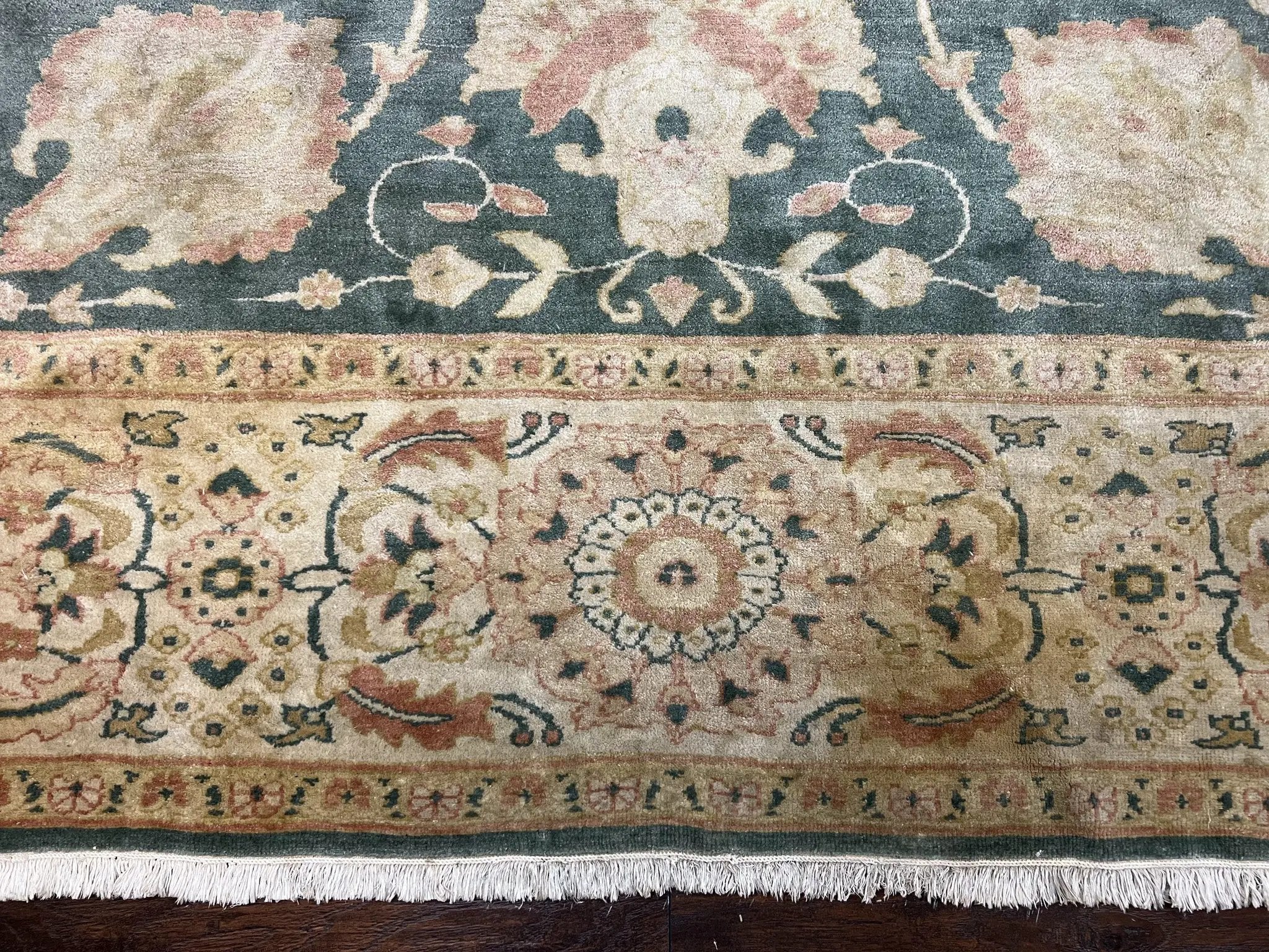 Egyptian Mahal Rug 10x14, Large Vintage Floral Hand Knotted Wool Carpet 10 x 14, Dark Green and Beige Traditional Handmade Persian Area Rug by Jewel Rugs