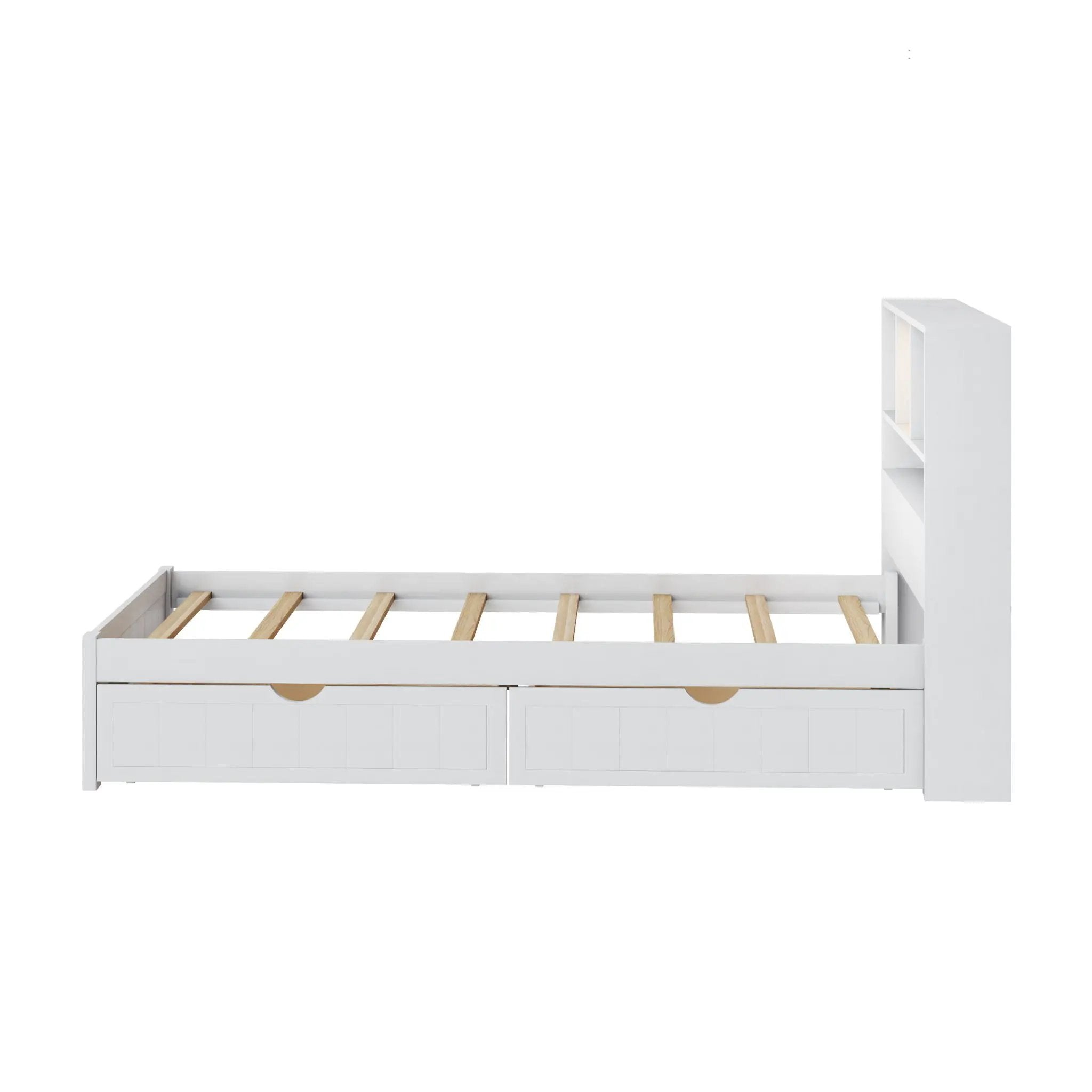 Platform Bed With Bookcase Headboard, Built-In Downlight, Charging Station, And 2 Side Drawers