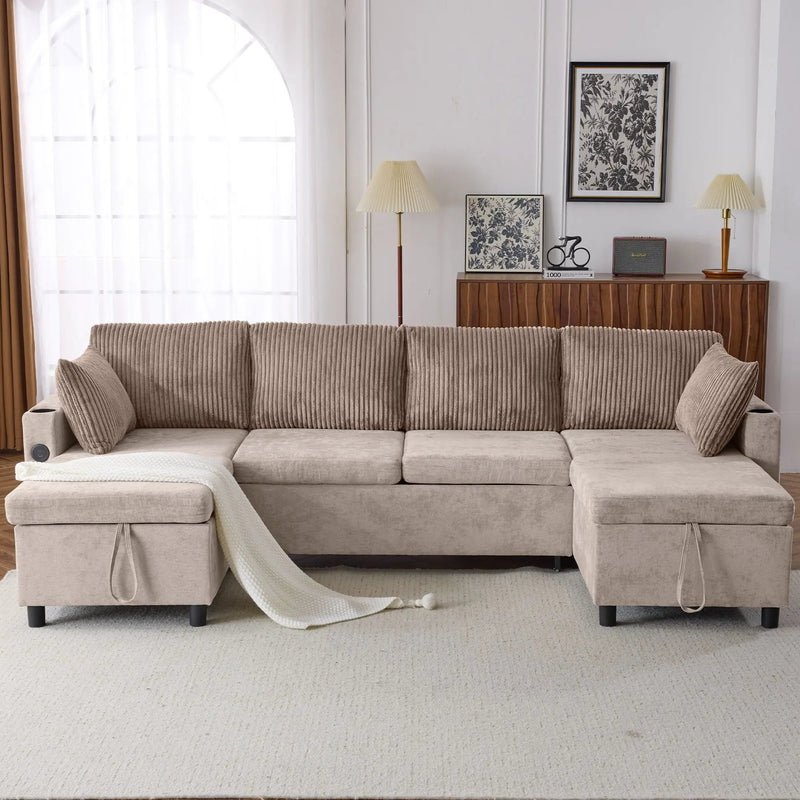 Sectional Sofa Bed With Pull Out Sleeper, USB Ports, Cup Holders by HouseOfZazla