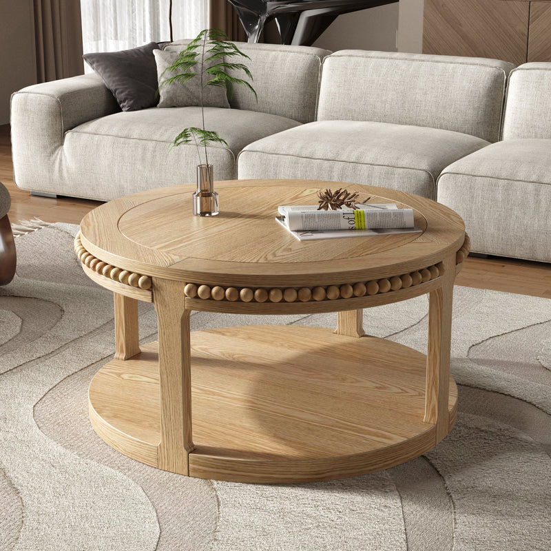31.5 Inch Round Solid Wood Coffee Table & Sofa Table - Two-Tier Thickened Top, Sturdy Legs, Circle Table for Living Room (Natural Wood), photo 4 of 10