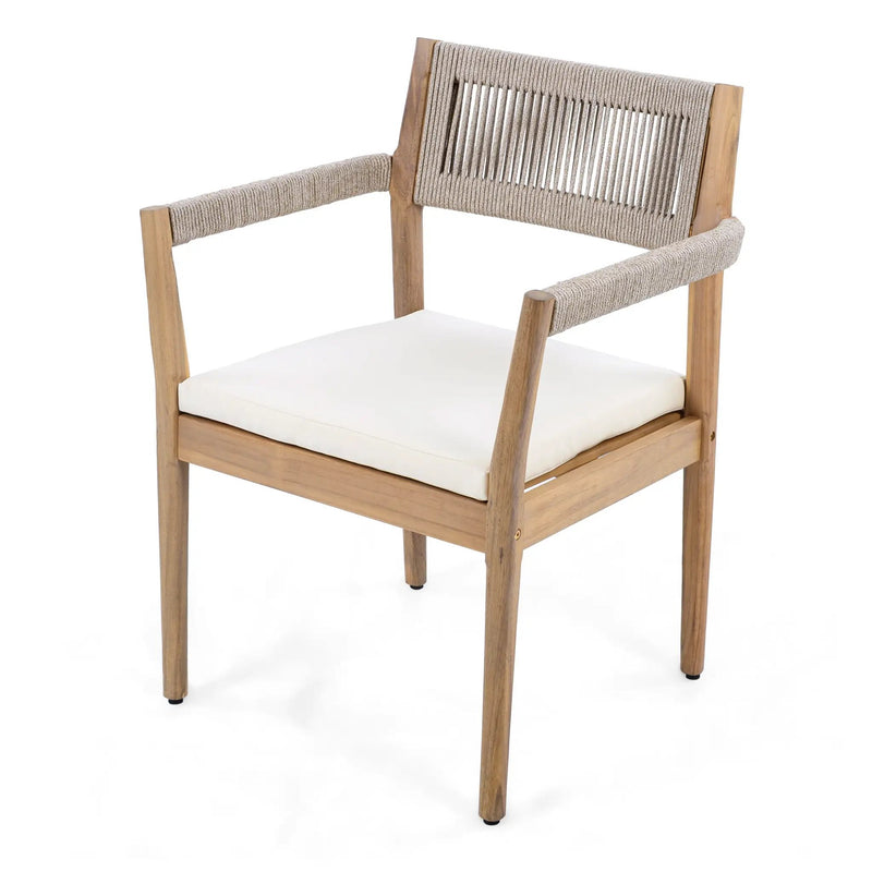 Braided Acacia Wood Outdoor Dining Chairs Set of 2 – Teak Look with Beige Rope & Cream Cushions by HouseOfZazla