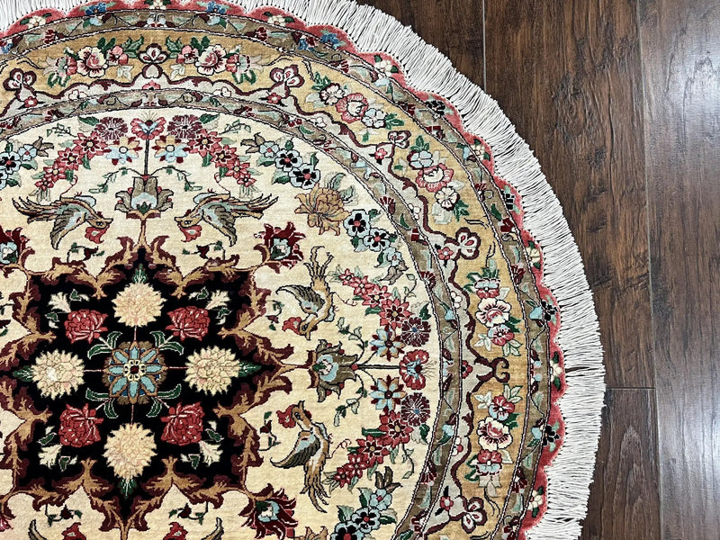 Silk Persian Tabriz Round Rug 3x3 ft, Very Fine Hand Knotted Carpet 380 KPSI, Cream & Gold, Bird Pictorials, Floral, Rare by Jewel Rugs