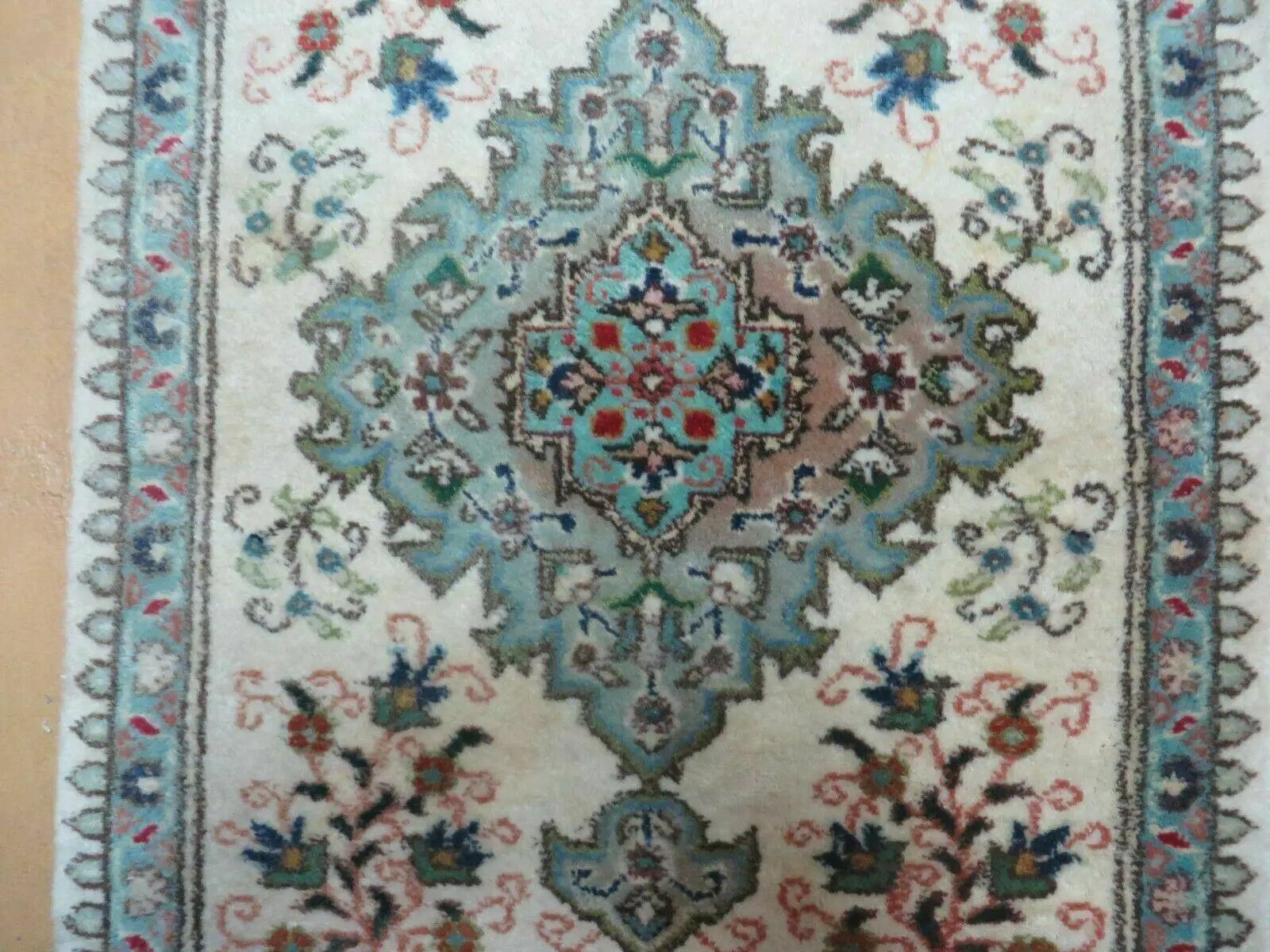 1' 9" X 2' 5" Handmade Indian Wool Rug Lahore Floral Design Small Oriental Rug Beige & Teal by Jewel Rugs