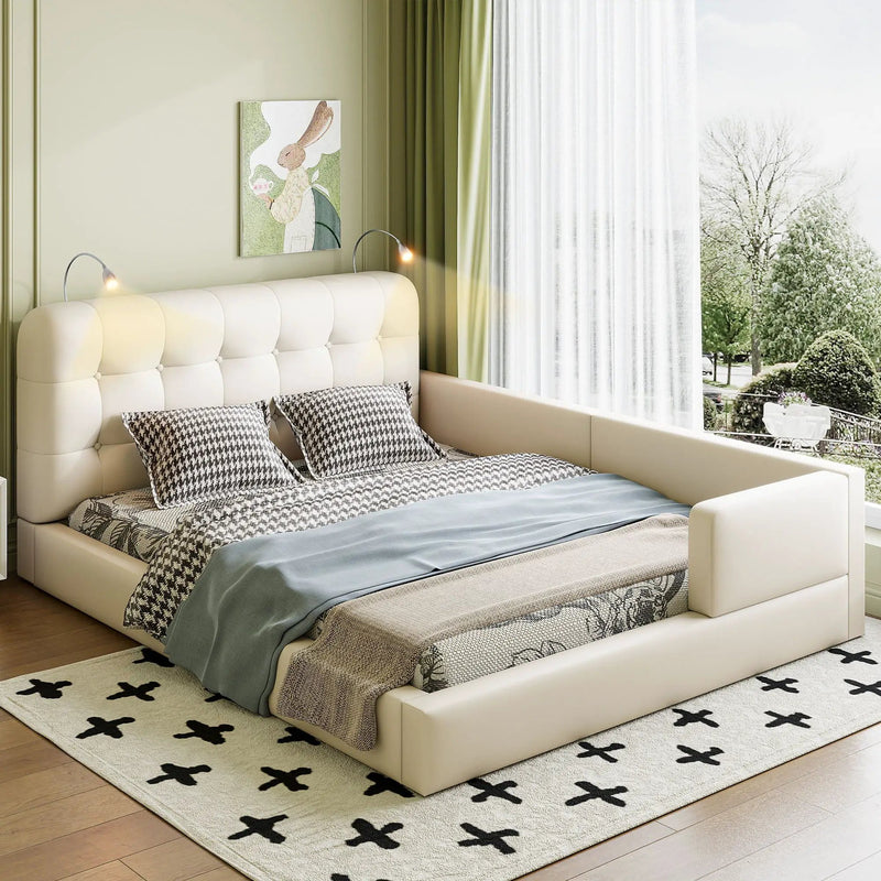 Queen Size Upholstered Platform Bed With 2 Reading Lights - White by Unique Piece Furniture