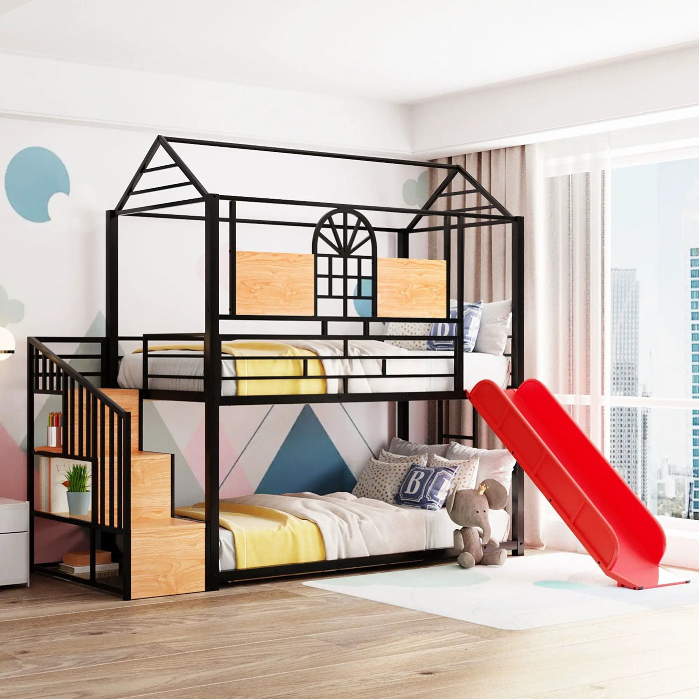 Metal Bunk Bed, Metal Housebed With Slide And Storage Stair by HouseOfZazla