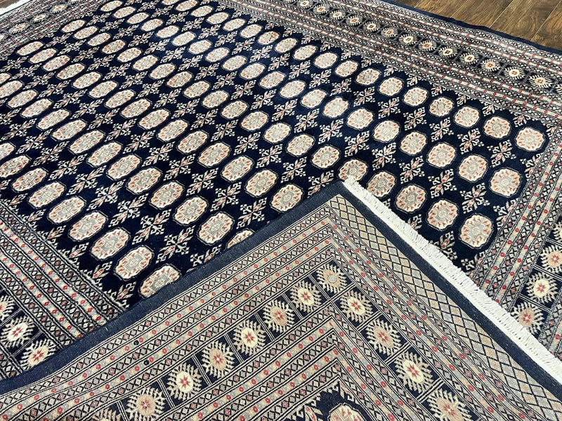 Pakistani Bokhara Rug 8x10, Turkoman Carpet, Dark Blue and Beige, Vintage Handmade Wool Carpet by Jewel Rugs