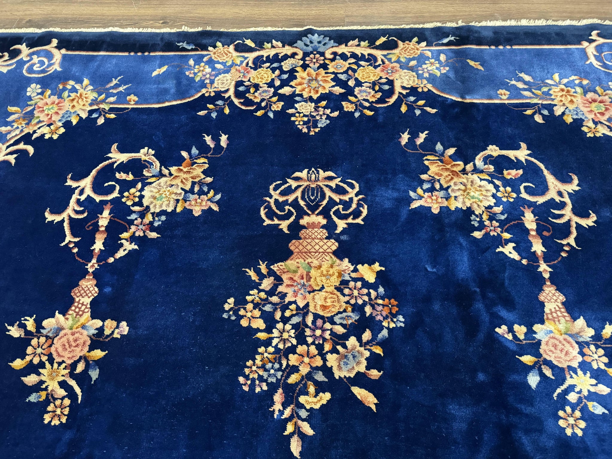 Blue Chinese Art Deco Rug 9x12, Vintage Antique Chinese Wool Rug, Chinese Fette Rug by Jewel Rugs