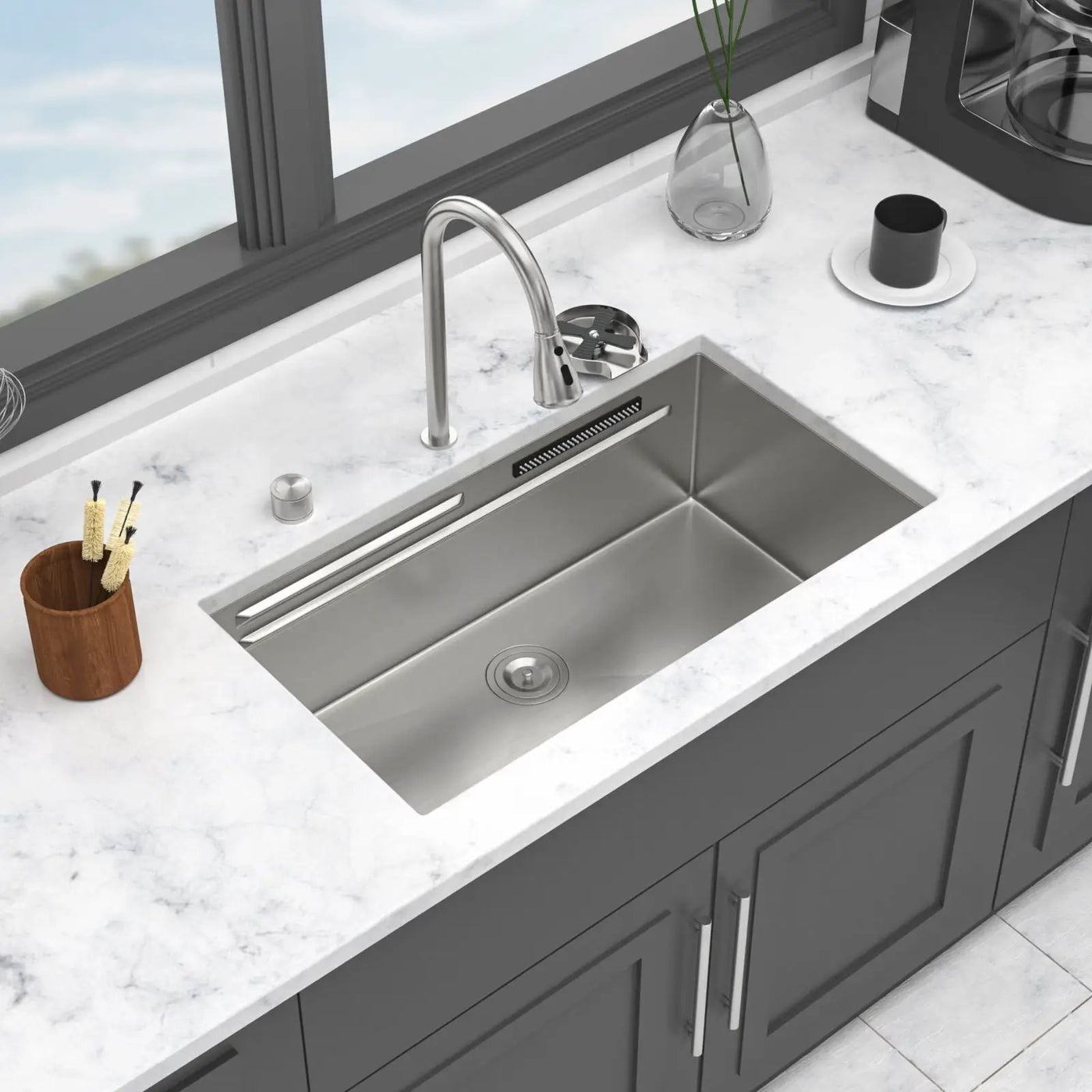 Undermount Stainless Steel Kitchen Sink With Pull Down Faucet & Ledge Workstation by HouseOfZazla
