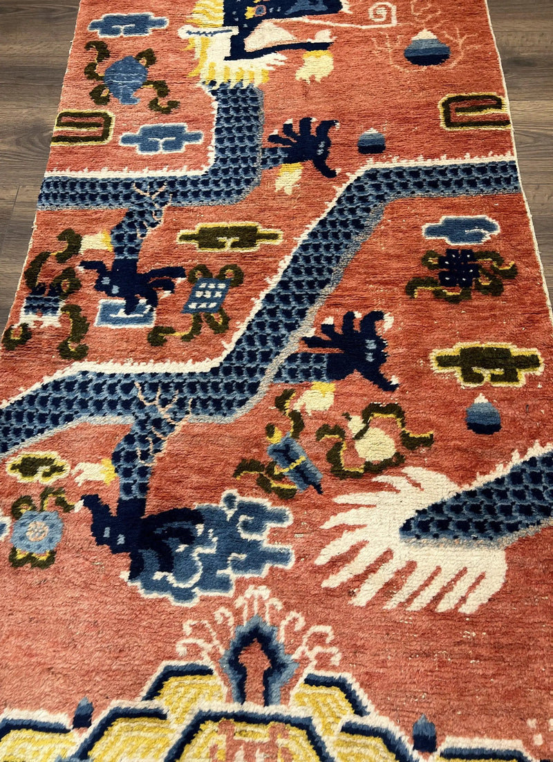 Rare Chinese Ningxia Pillar Rug 3x8, Late Qing Dynasty, 5 Clawed Dragon, Cloud Rainbow Border, Collectible Antique Carpet, Wool Hand Knotted by Jewel Rugs