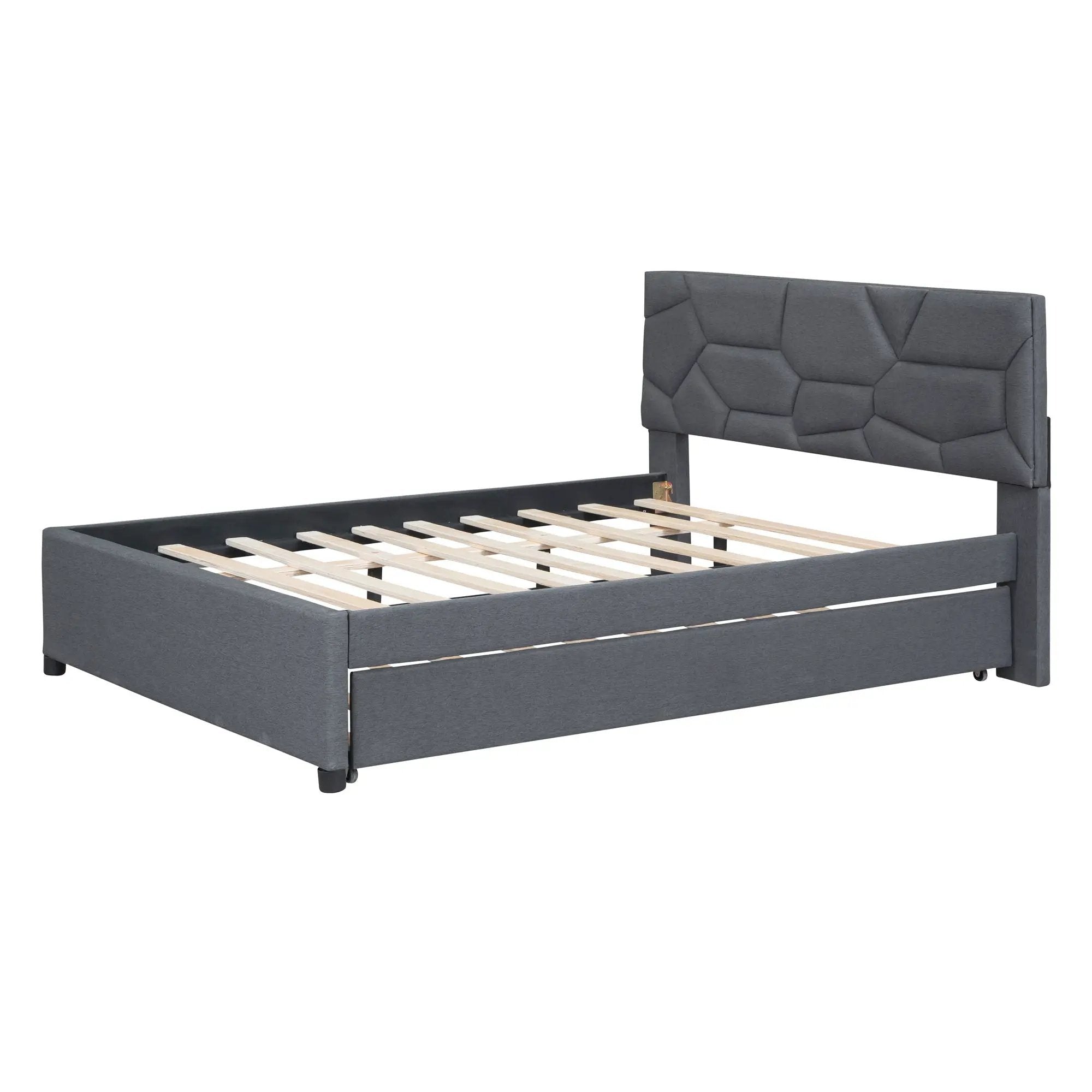 Upholstered Platform Bed With Brick Pattern Headboard And Twin Long Size Trundle by HouseOfZazla