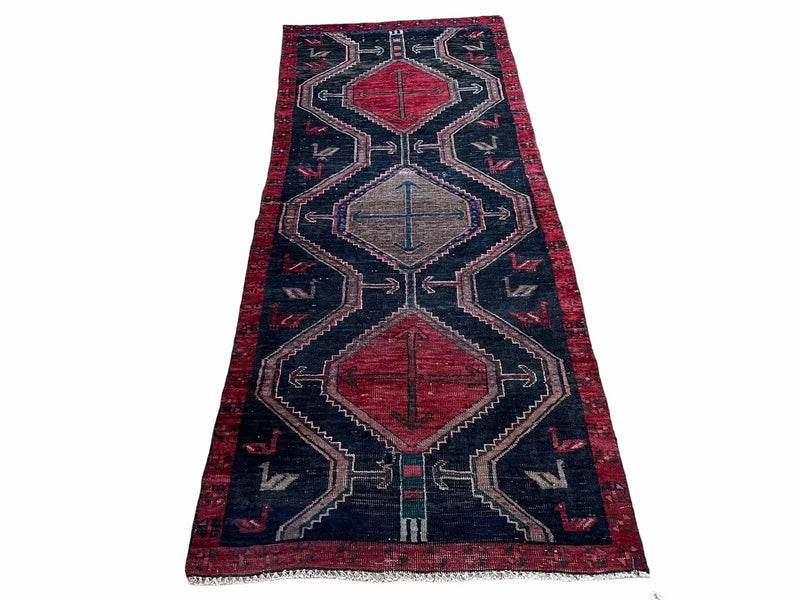 3 X 7 Handmade Wool Tribal Runner Rug Geometric Red Blue Boho Organic Dyes by Jewel Rugs