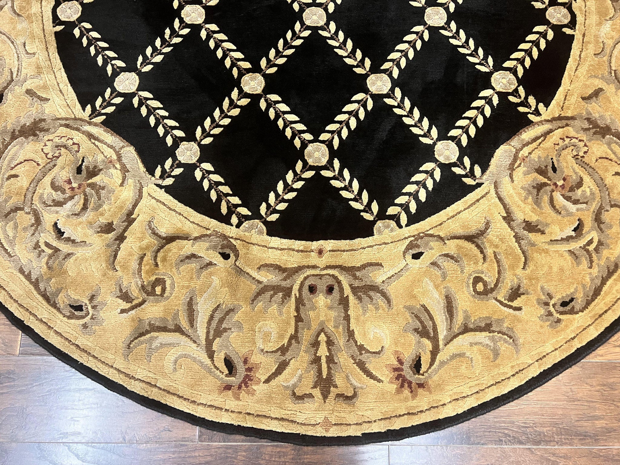 Oval Tibetan Rug 8x10, French Aubusson Design, Wool Handmade Vintage Carpet, Black & Beige, Soft Wool Pile by Jewel Rugs