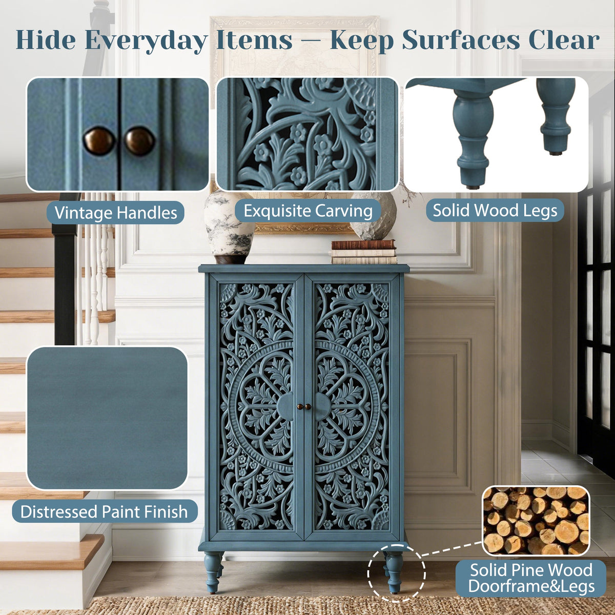 Farmhouse Accent Storage Cabinet, 2 Door Decorative Cabinet with Hollow Carved Doors, Adjustable Shelf, Freestanding Display Cabinet with Turned Legs for Entryway Living Room Dining Room,Antique, photo 6 of 10