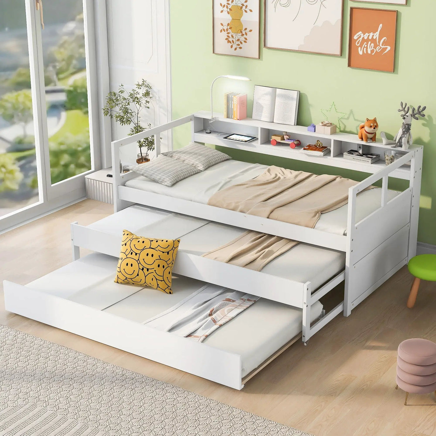 Daybed With 2 Trundles, 3 Storage Cubbies, Built In USB Charging Light by Unique Piece Furniture