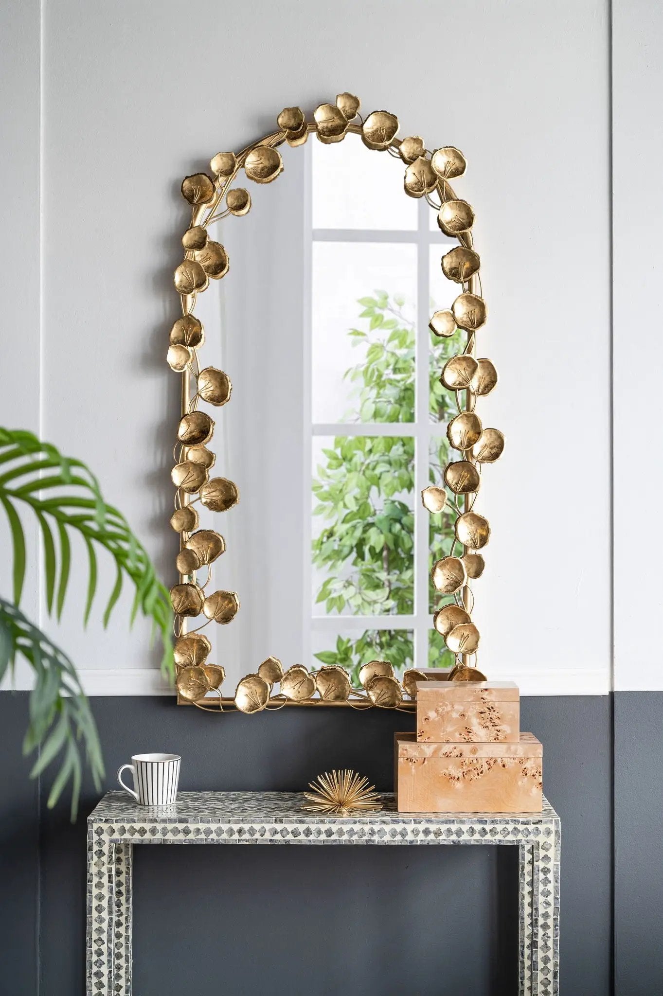 Full Length Arched Wall Mirror With en Leaf Accents Decorative Mirror For Living Room Bedroom - Gold by Unique Piece Furniture